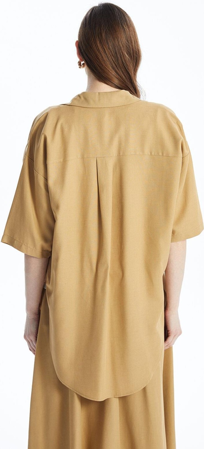 LC Waikiki Lcwaıkıkı Classic Koyu Bej Şal Yaka Desenli Oversize Keten Karışımlı Kadın Kimono görsel 5