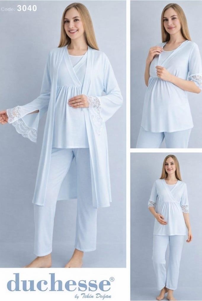 Duchesse 3040 Mavi 3 Lü Hamile Lohusa Pijama Sabahlık Tk