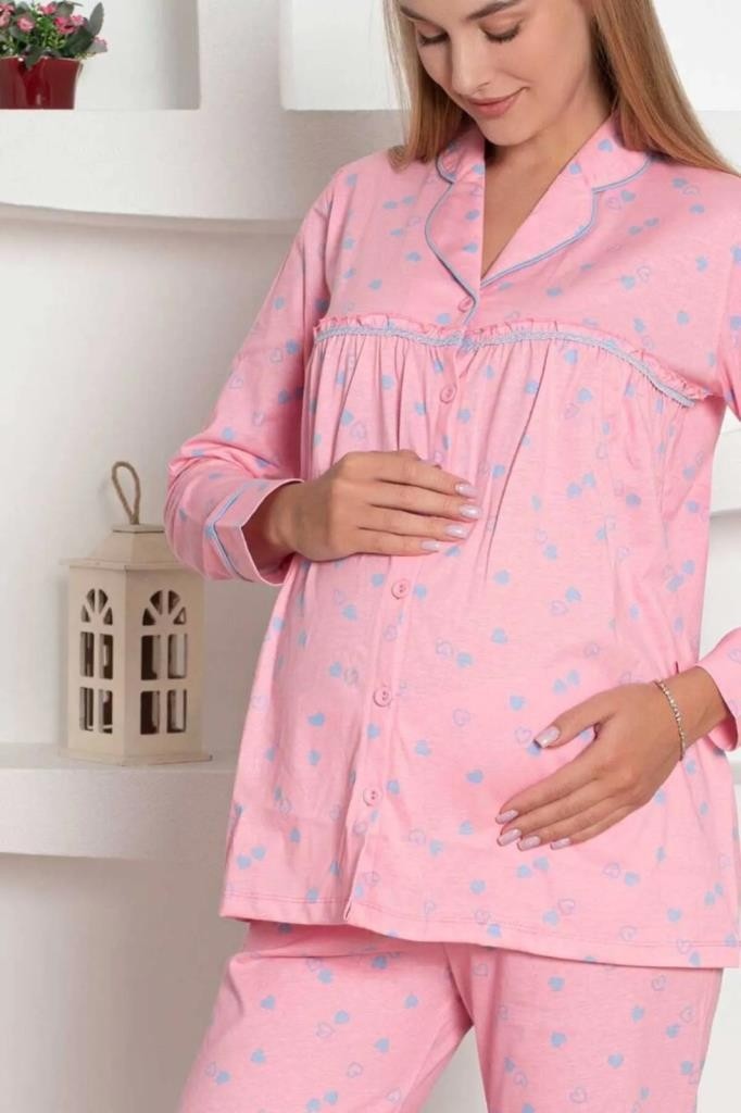 Alimer Pembe Kalpli Hamile Önden Düğmeli Uzun Kol Mevsimlik Bel Ayarlı %100 Pamuk Pijama Takımı-Geniş Kalıp görsel 5
