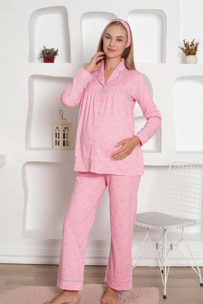 Alimer Pembe Kalpli Hamile Önden Düğmeli Uzun Kol Mevsimlik Bel Ayarlı %100 Pamuk Pijama Takımı-Geniş Kalıp görsel 6