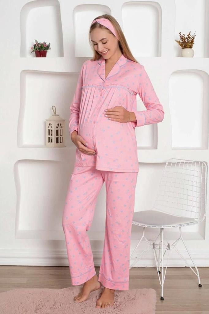 Alimer Pembe Kalpli Hamile Önden Düğmeli Uzun Kol Mevsimlik Bel Ayarlı %100 Pamuk Pijama Takımı-Geniş Kalıp görsel 7