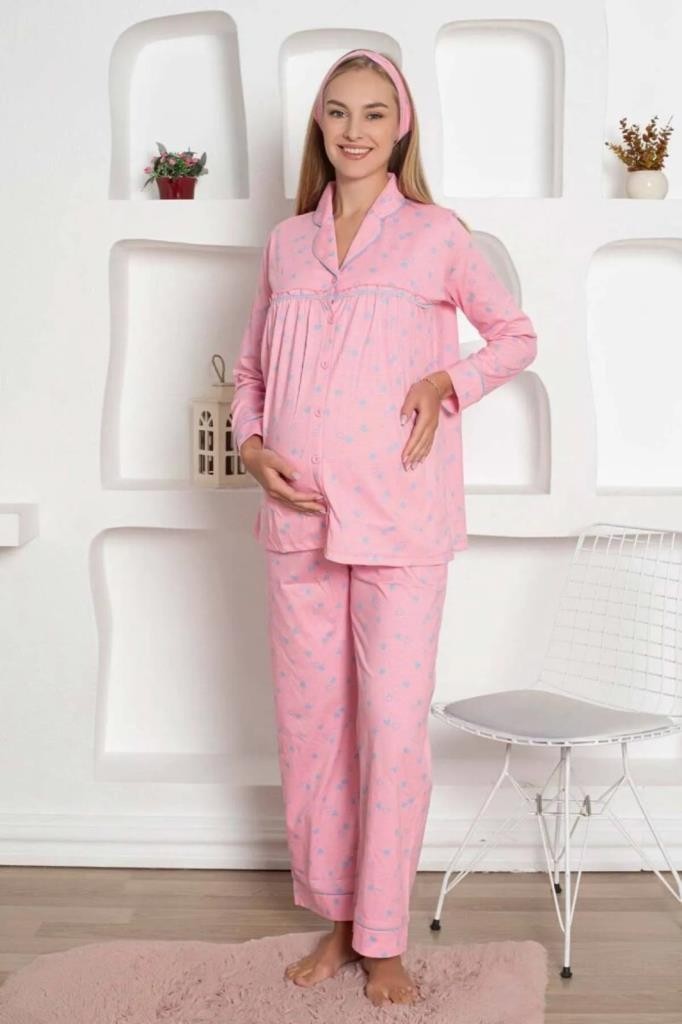 Alimer Pembe Kalpli Hamile Önden Düğmeli Uzun Kol Mevsimlik Bel Ayarlı %100 Pamuk Pijama Takımı-Geniş Kalıp görsel 8