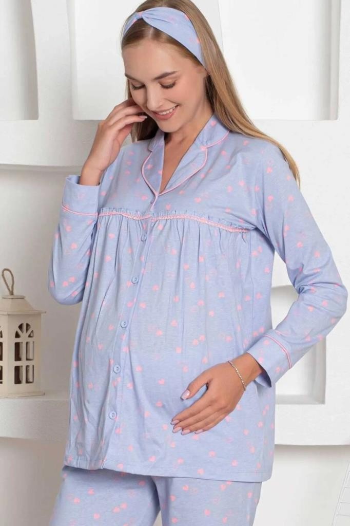 Alimer Mavi Kalpli Hamile Önden Düğmeli Uzun Kol Mevsimlik Bel Ayarlı %100 Pamuk Pijama Takımı-Geniş Kalıp görsel 5