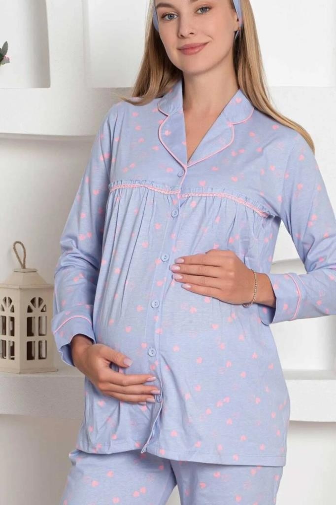 Alimer Mavi Kalpli Hamile Önden Düğmeli Uzun Kol Mevsimlik Bel Ayarlı %100 Pamuk Pijama Takımı-Geniş Kalıp görsel 7