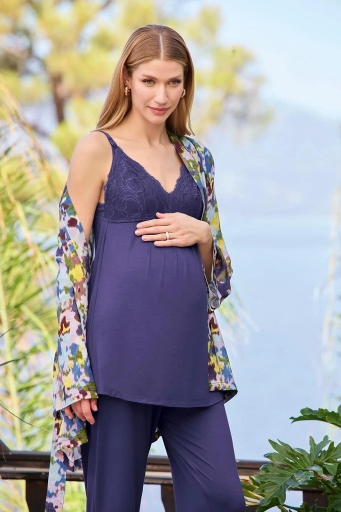 Monamise 25054 Lacivert 3 Lü Hamile Lohusa Pijama Sabahlık Tk görsel 4