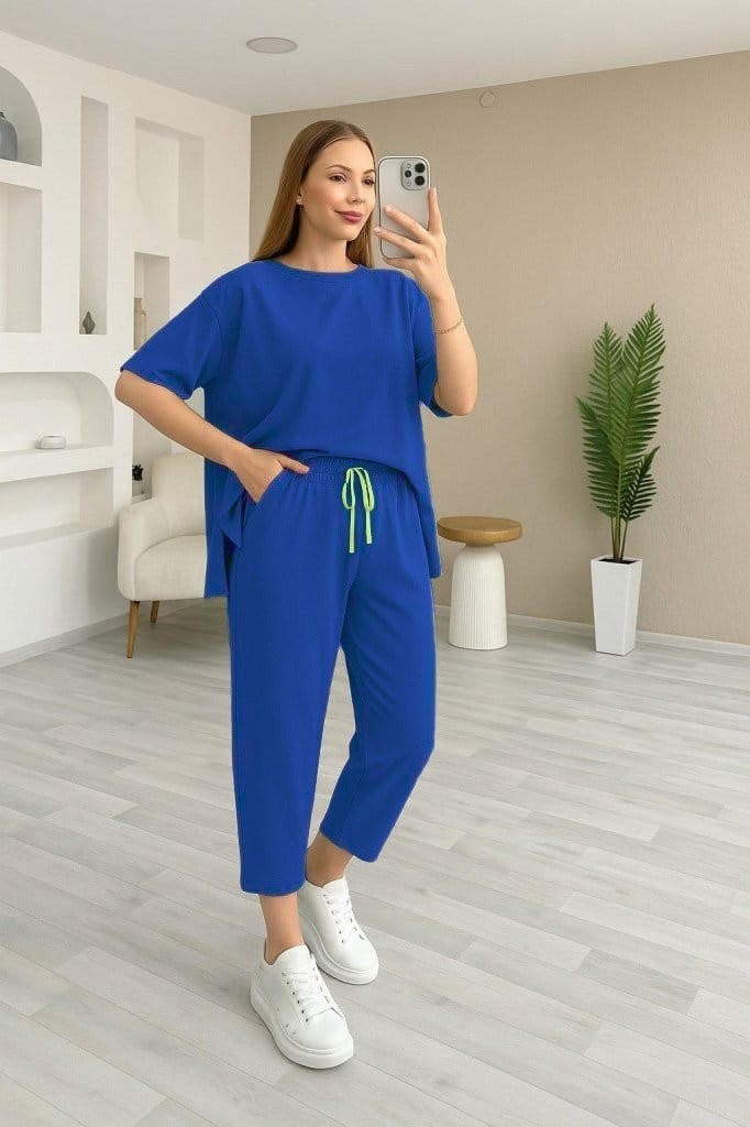 Janes Kadın Kısa Kollu Bisiklet Yaka Viskon Iki Iplik Bluz ve Pantolon Ikili Takım görsel 3