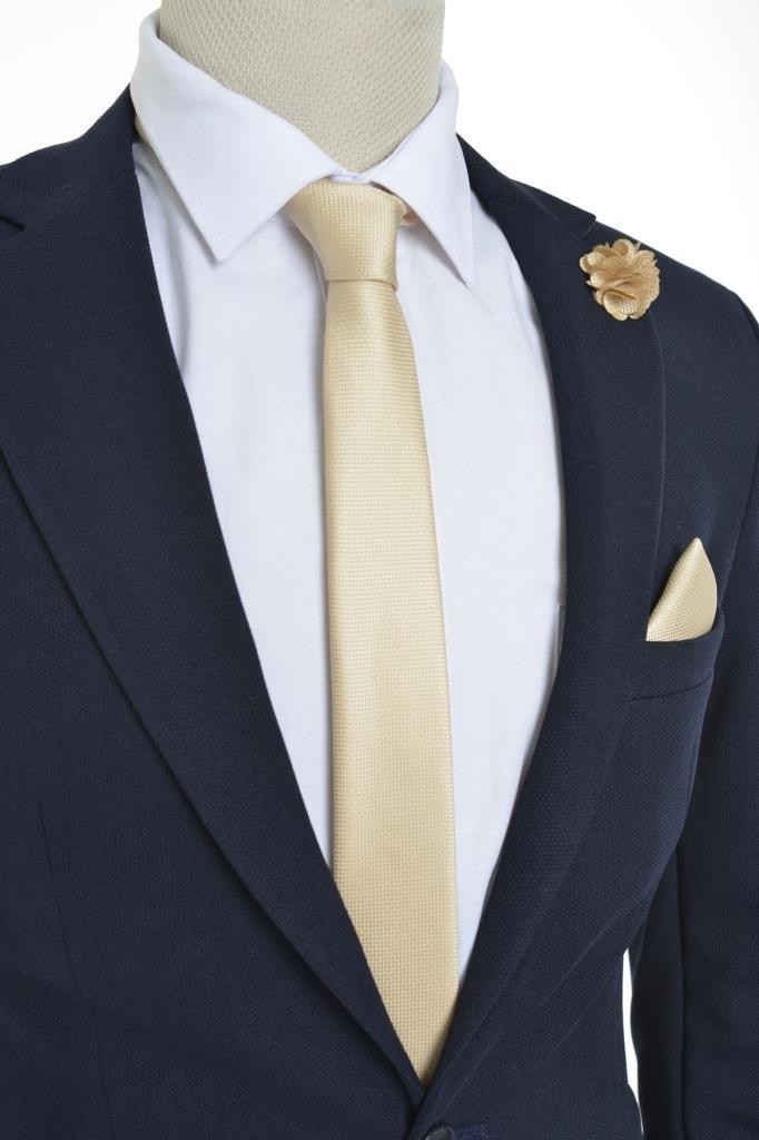 Brianze Ekru Renkli Kravat Mendil Yaka Çiçeği Set Özel Günler İçin Şık Microfiber