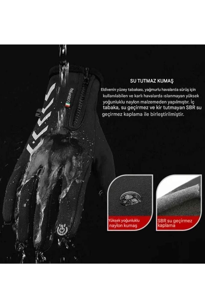 Single Sword Su Geçirmez Softshell Unisex Bisiklet Motosiklet Eldiven Dokunmatik Kışlık Rüzgâr Geçirmez Kaymaz Tam Parmak - Beden: XL | Renk: Siyah görsel 6