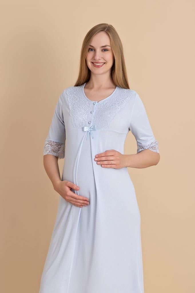 Duchesse 2601 Mavi Dantel Kol Hamile Lohusa Gecelik Sabahlık Tk görsel 2