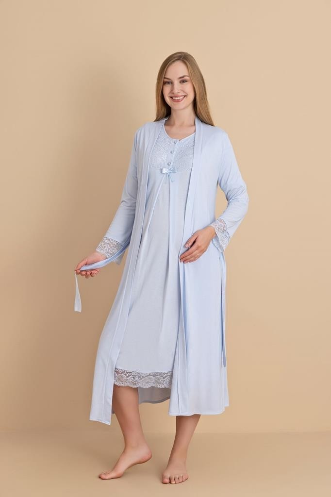Duchesse 2601 Mavi Dantel Kol Hamile Lohusa Gecelik Sabahlık Tk görsel 3