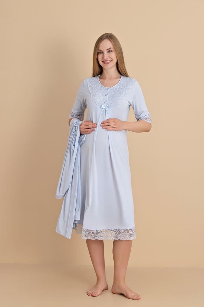 Duchesse 2601 Mavi Dantel Kol Hamile Lohusa Gecelik Sabahlık Tk görsel 4