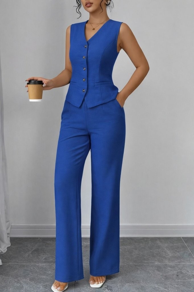 Trend Cojans Kadın Askılı Önden Düğmeli Bluz ve Pantolon Keten Ikili Takım görsel 4
