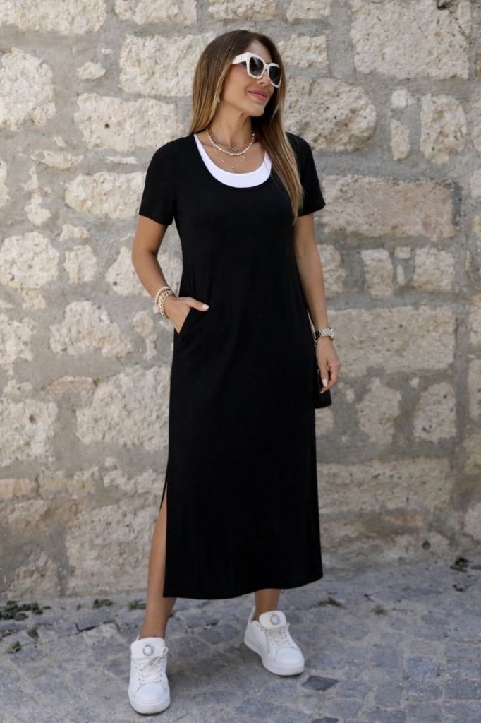 TeknoKapsül Kadın Kısa Kollu Içi Atlet Görünümlü Yandan Yırtmaçlı Uzun Viskon Elbise - Siyah / 2xl-3xl
