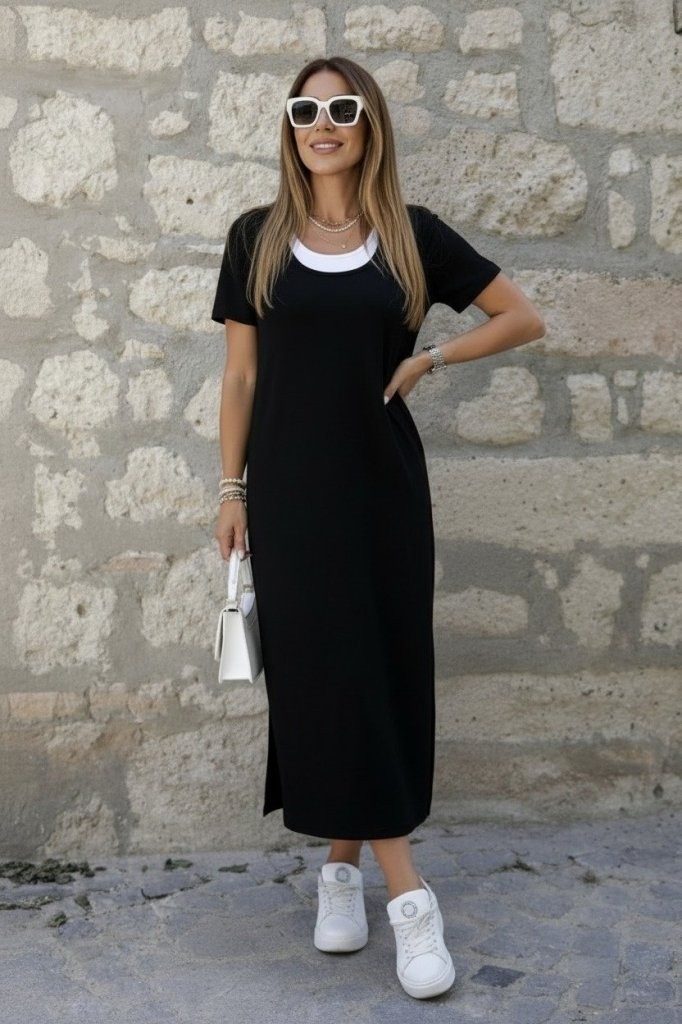 TeknoKapsül Kadın Kısa Kollu Içi Atlet Görünümlü Yandan Yırtmaçlı Uzun Viskon Elbise - Siyah / 2xl-3xl görsel 2