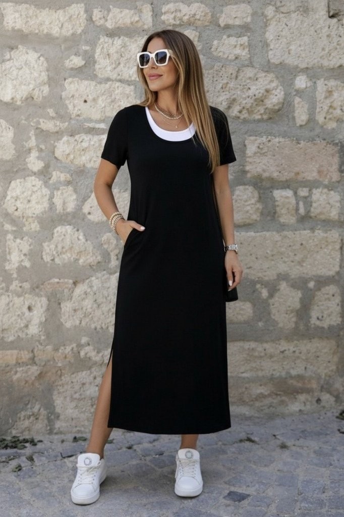 TeknoKapsül Kadın Kısa Kollu Içi Atlet Görünümlü Yandan Yırtmaçlı Uzun Viskon Elbise - Siyah / 2xl-3xl görsel 3