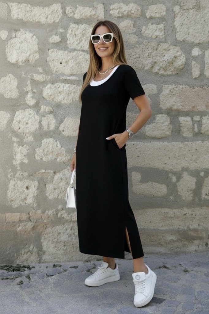 TeknoKapsül Kadın Kısa Kollu Içi Atlet Görünümlü Yandan Yırtmaçlı Uzun Viskon Elbise - Siyah / 2xl-3xl görsel 4