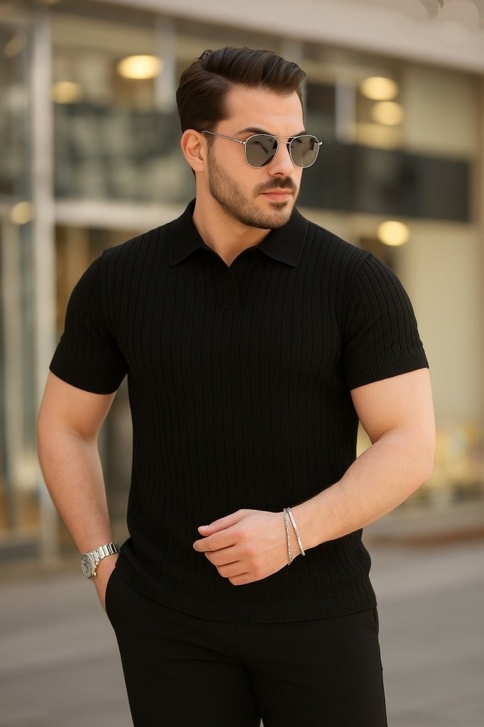 TeknoKapsül Erkek Kısa Kollu Yakalı Çizgi Desenli Triko Bluz - Siyah / Standart görsel 2