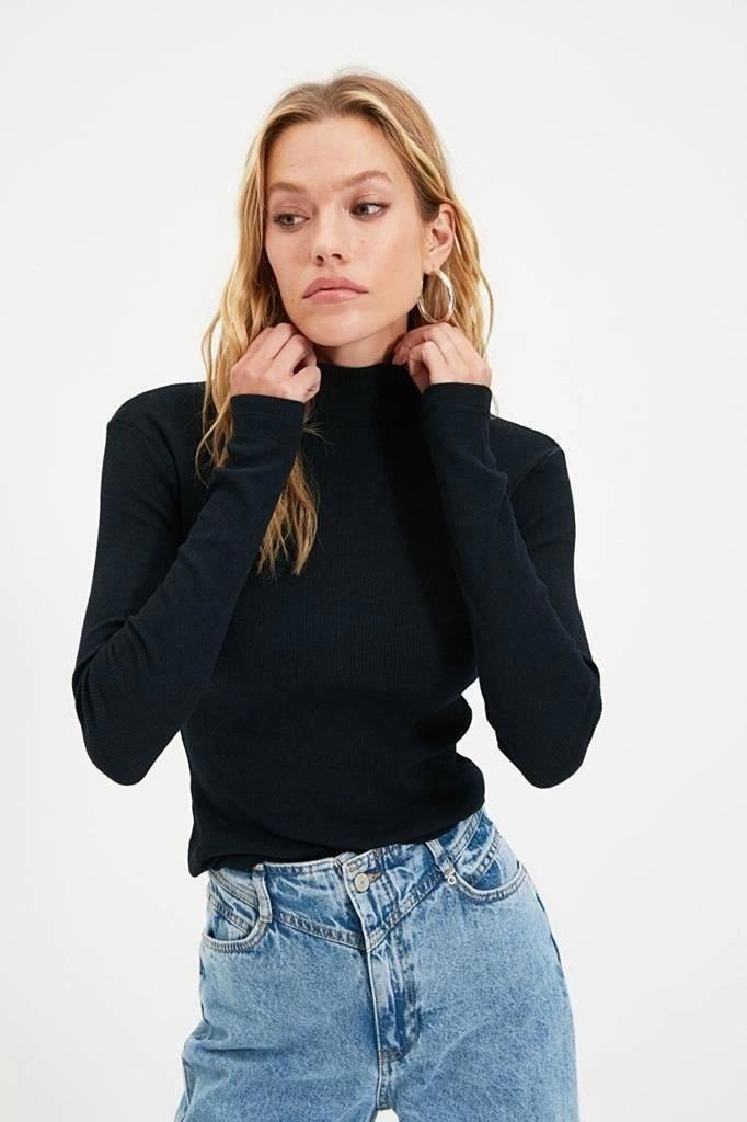 Fantastik Store Kadın Kaşkorse Boğazlı Full Likralı Fitilli Body Kazak - Siyah