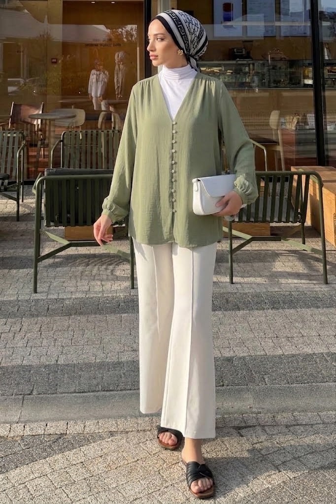Tesettür Diyarı Lena Çağla Yeşili Keten Kimono- Standart Beden (38-42 Uyumlu)