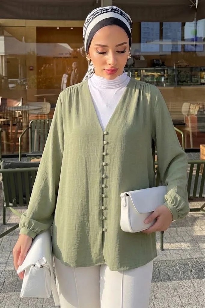 Tesettür Diyarı Lena Çağla Yeşili Keten Kimono- Standart Beden (38-42 Uyumlu) görsel 2