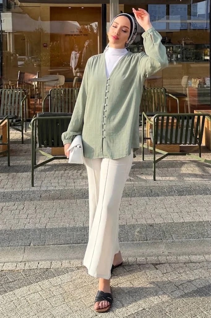 Tesettür Diyarı Lena Çağla Yeşili Keten Kimono- Standart Beden (38-42 Uyumlu) görsel 3