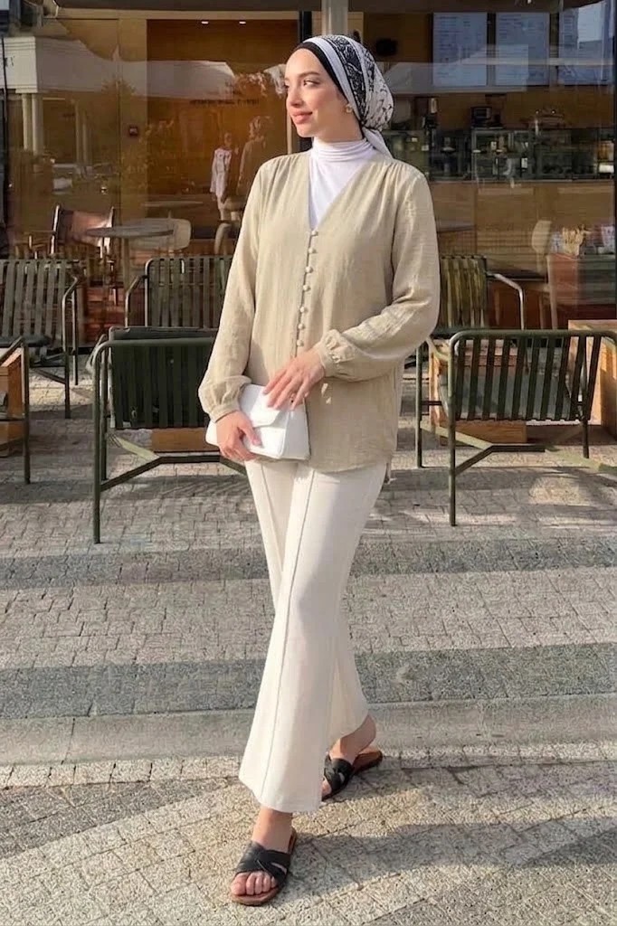 Tesettür Diyarı Lena Çağla Yeşili Keten Kimono- Standart Beden (38-42 Uyumlu) görsel 4