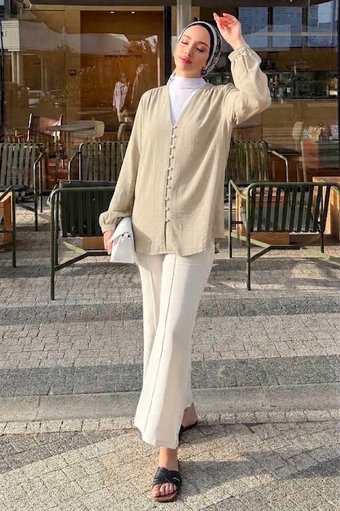 Tesettür Diyarı Lena Çağla Yeşili Keten Kimono- Standart Beden (38-42 Uyumlu) görsel 5