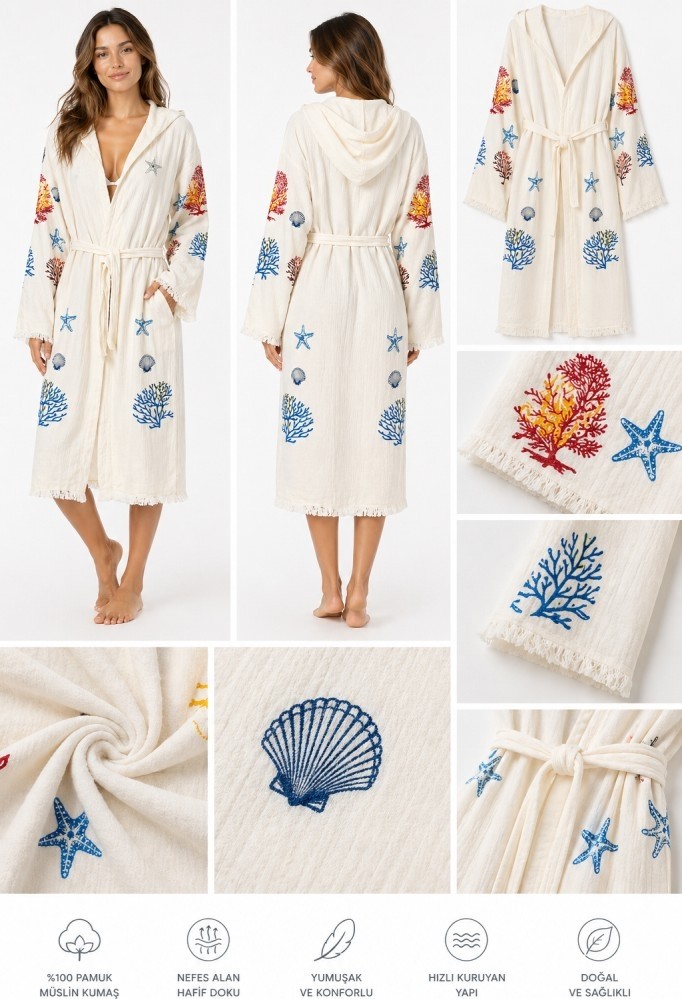 Mulberry Kadın Müslin Plaj Kimonosu Kapüşonlu %100 Pamuk Baskılı Yazlık Kimono Bornoz görsel 3