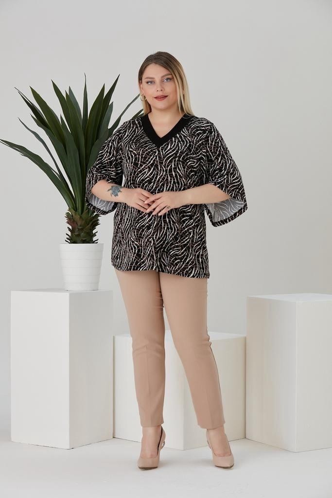 Wearon Kadın V Yaka Volanlı Kol Büyük Beden Bluz görsel 2