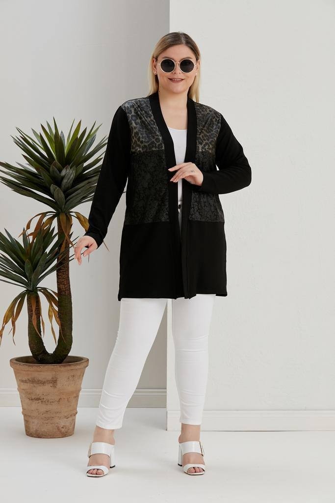 Wearon Kadın Kristal Kumaş Omuzları Leopar Desen Detaylı Üst Düzey Büyük Beden Hırka