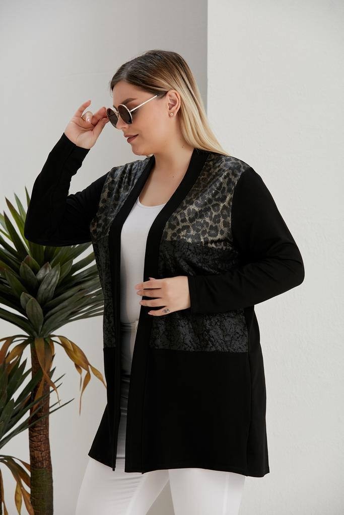 Wearon Kadın Kristal Kumaş Omuzları Leopar Desen Detaylı Üst Düzey Büyük Beden Hırka görsel 2