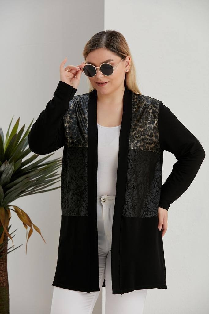 Wearon Kadın Kristal Kumaş Omuzları Leopar Desen Detaylı Üst Düzey Büyük Beden Hırka görsel 4