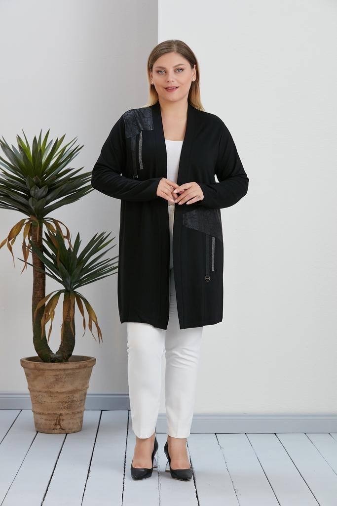 Wearon Kadın Kristal Kumaş Süet Deri Detaylı Cepsiz Üst Kalite Büyük Beden Hırka görsel 3