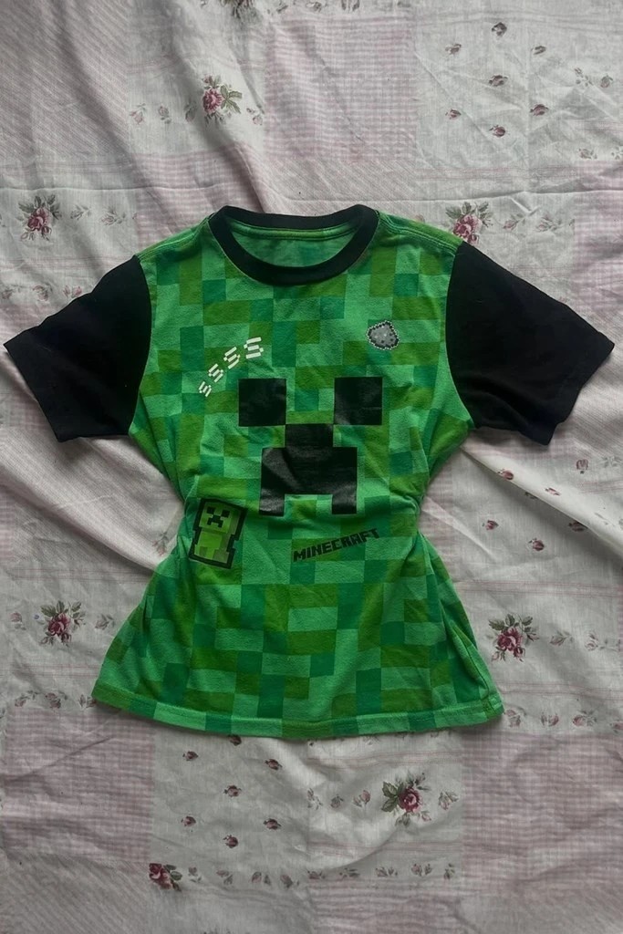 Moonstyle Collection Yeşil Raglan Minecraft Creeper Y2K Kısa Kollu Tişört