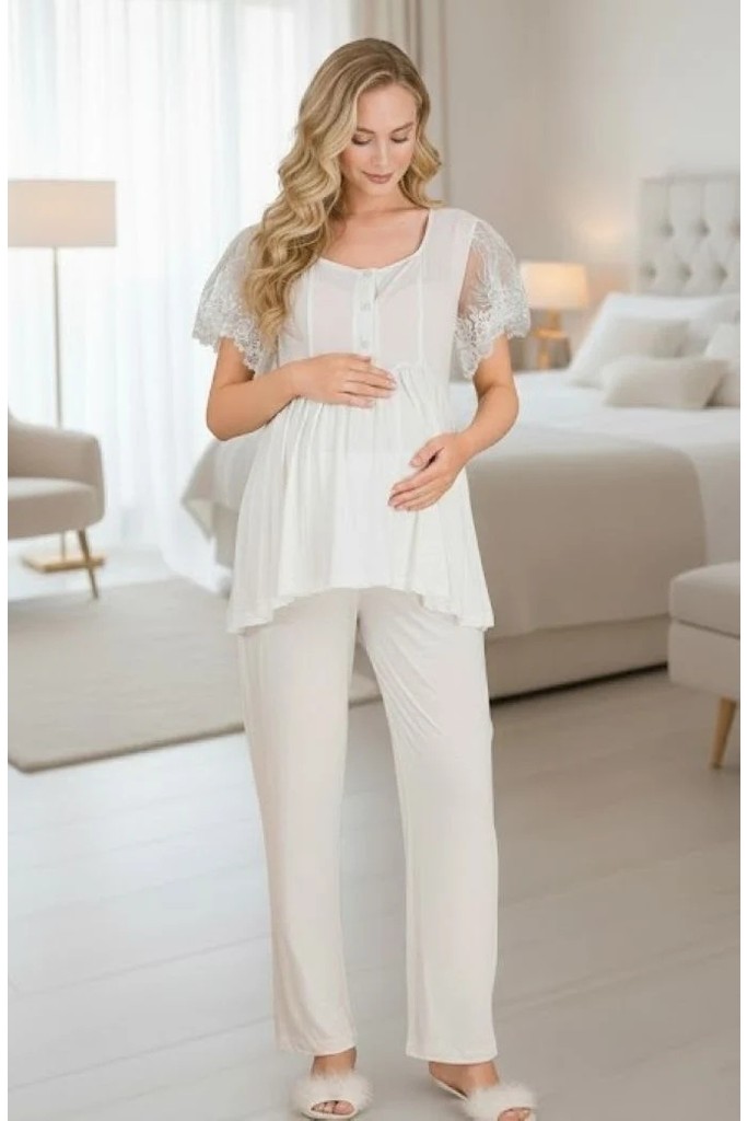 raia Yeni Sezon Pudra Dantel Detaylı Kısa Kol Yazlık Hamile Lohusa Uzun Sabahlıklı Pijama Takımı 3'lü Set görsel 5