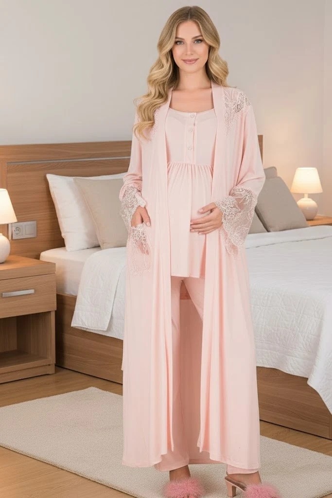 raia Yeni Sezon Pudra Dantel Detaylı Kısa Kol Yazlık Hamile Lohusa Uzun Sabahlıklı Pijama Takımı 3'lü Set görsel 7