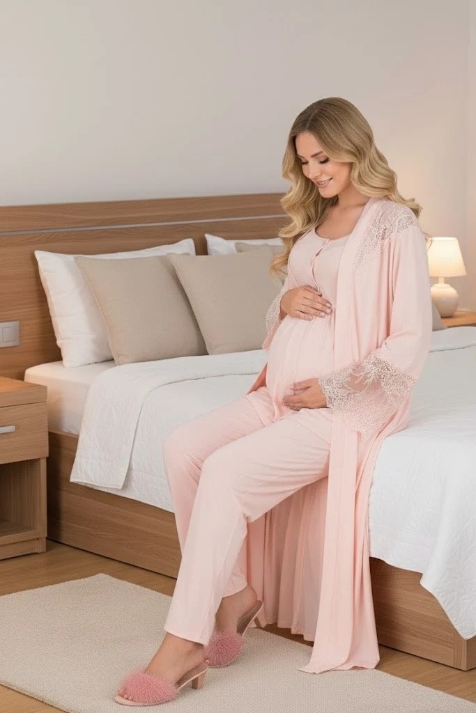 raia Yeni Sezon Pudra Dantel Detaylı Kısa Kol Yazlık Hamile Lohusa Uzun Sabahlıklı Pijama Takımı 3'lü Set görsel 8