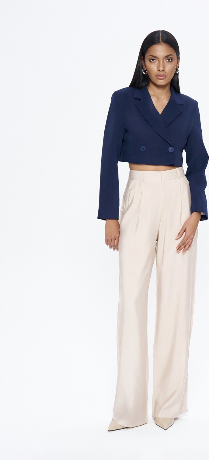 Quzu Kadın Kruvaze Crop Blazer Ceket Lacivert Dokuma Cepli Stil Casual görsel 6