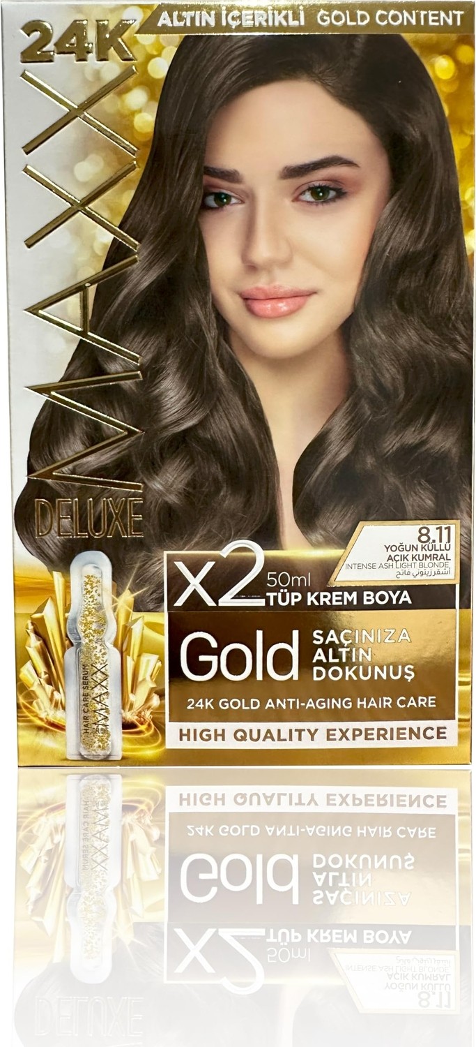 Aesco Maxx Deluxe Gold Serisi 24K Altın Parçacıklı Serum ile 1 Kutu 2 x 50 ml ve Geliştiriciler Saç Boyası (Yoğun Küllü Açık Kumral 8.11) görsel 2
