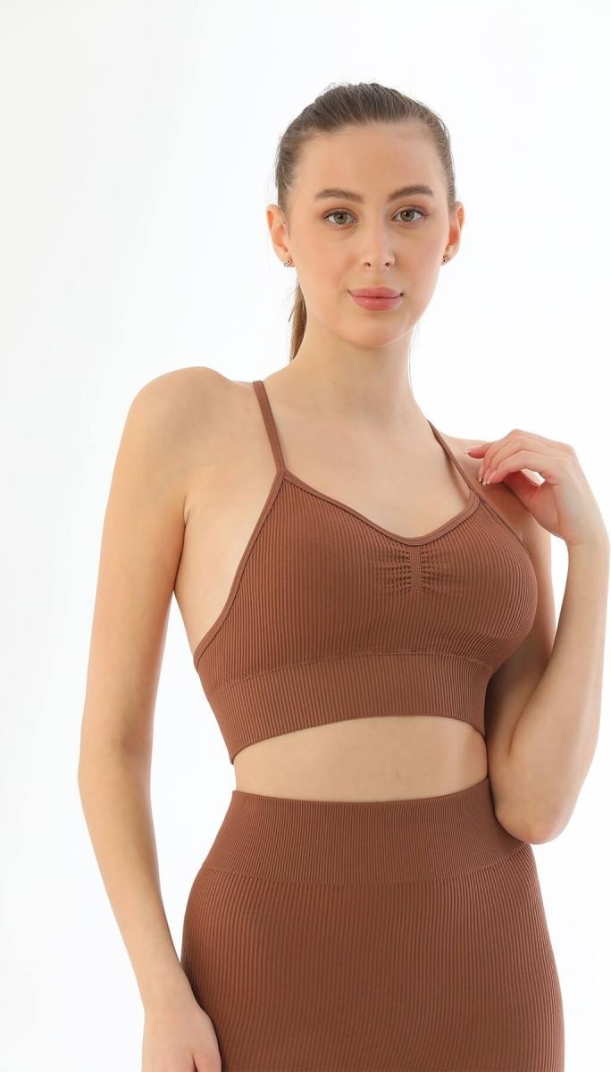 Melonika Kahve 3921 Soft Seamless Ripli Tayt Yoga Takımı görsel 3
