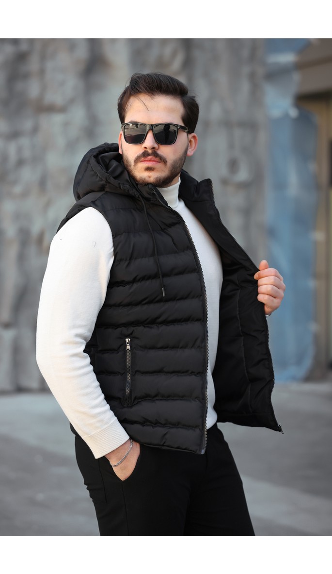 Mero Life Erkek Standart Fit Çıkarılır Kapüşonlu Cepli Fermuarlı Şişme Yelek görsel 8