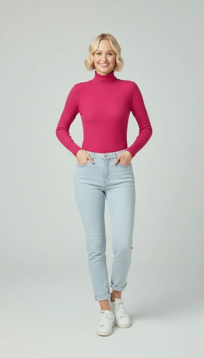Fantastik Store Kadın Tam Boğazlı Fitilli Likralı Kaşkorse Badi Ince Uzun Kollu - Pembe görsel 2