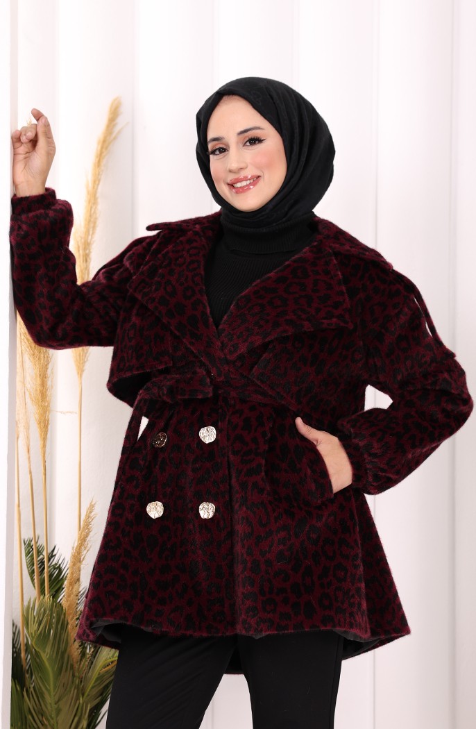 Bym Fashion Leopar Düğmeli Kaban 70059-1 Bordo görsel 5