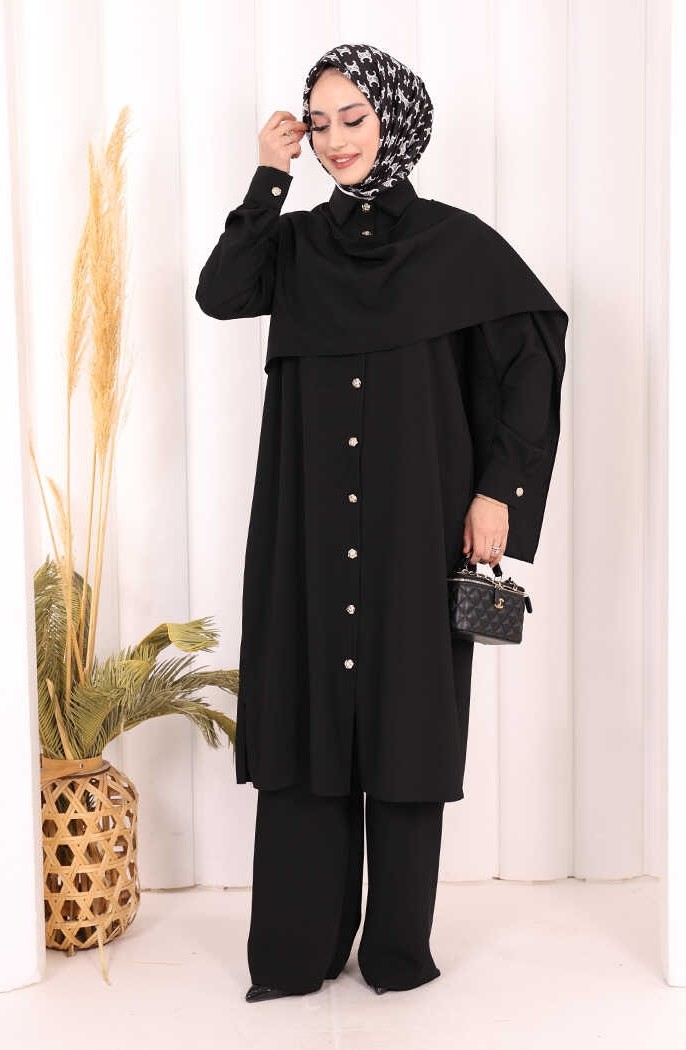 Bym Fashion Önü Şal Detaylı Tunik Pantolon Takım 8018 Mürdüm