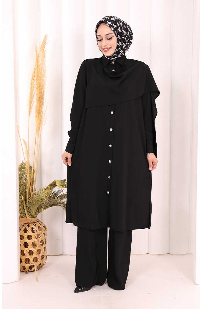Bym Fashion Önü Şal Detaylı Tunik Pantolon Takım 8018 Mürdüm görsel 2