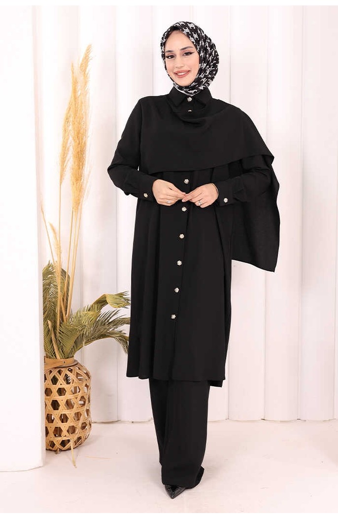 Bym Fashion Önü Şal Detaylı Tunik Pantolon Takım 8018 Mürdüm görsel 3