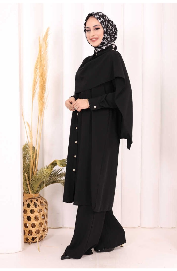 Bym Fashion Önü Şal Detaylı Tunik Pantolon Takım 8018 Mürdüm görsel 4
