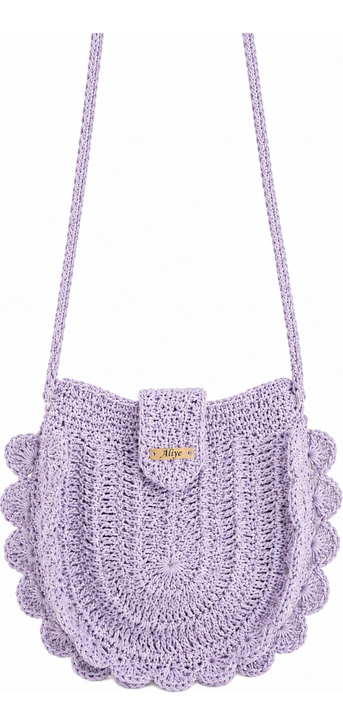 Aliye Şeker Pembe / Pastel Leylak / Indigo Lacivert Çapraz Askılı El Yapımı Örgü Kadın Postacı Çanta görsel 5