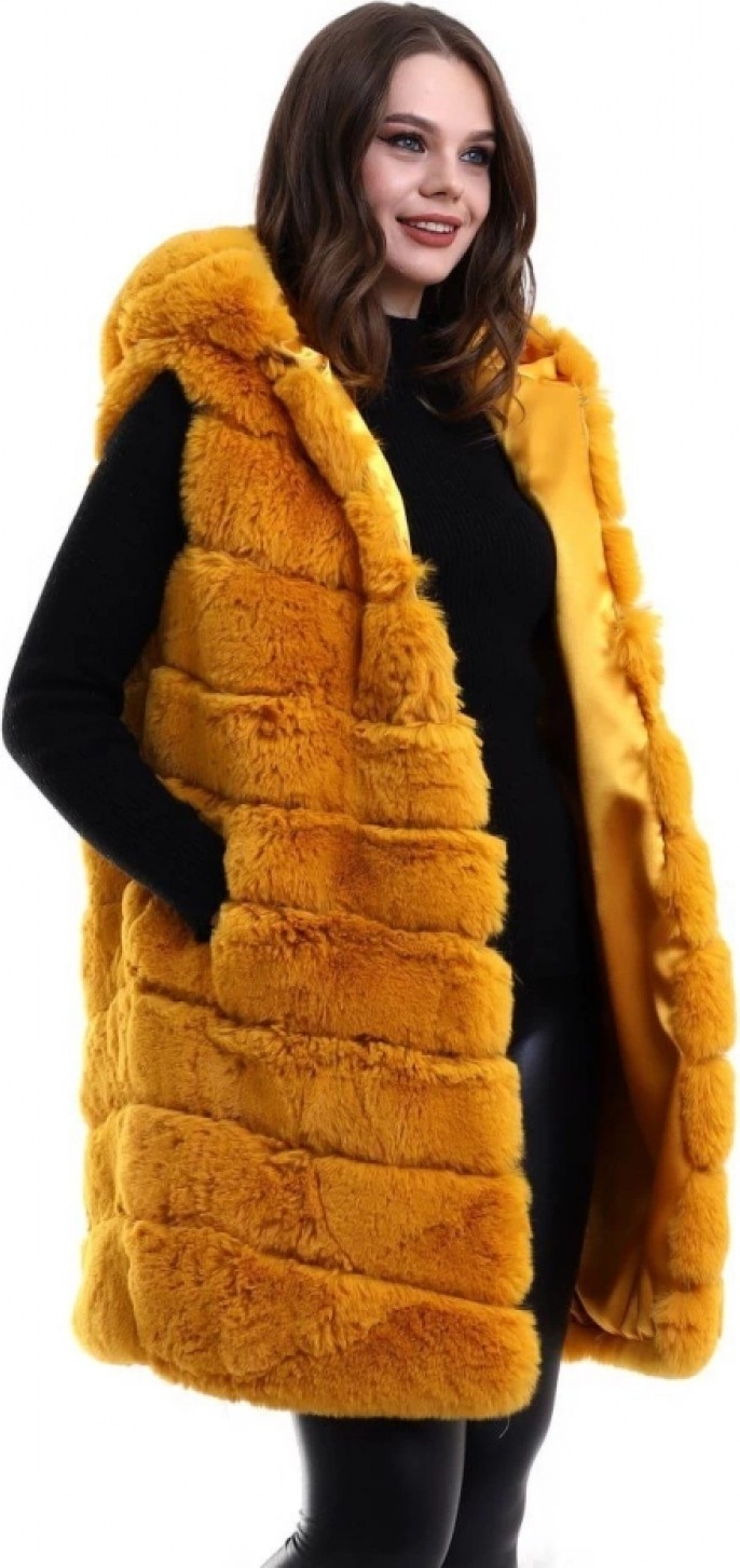 Marsilyan - Kapşonlu Peluş Kürk Yelek Premium Kalite, Tam Astarlı, Uzun Model - Sarı