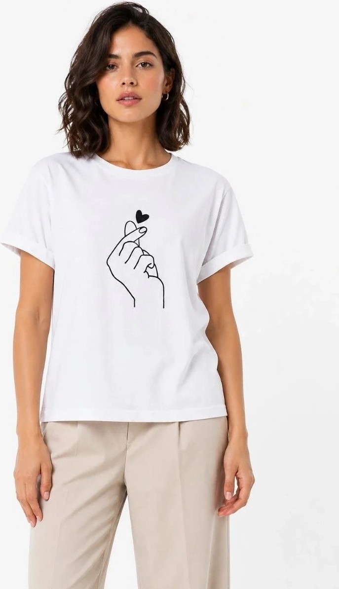 Tarz Yeri Kadın Kore Parmak Kalp Aşk Temalı Minimal Baskılı Tişört Yazlık Kısa Kol T-Shirt - Beyaz görsel 2